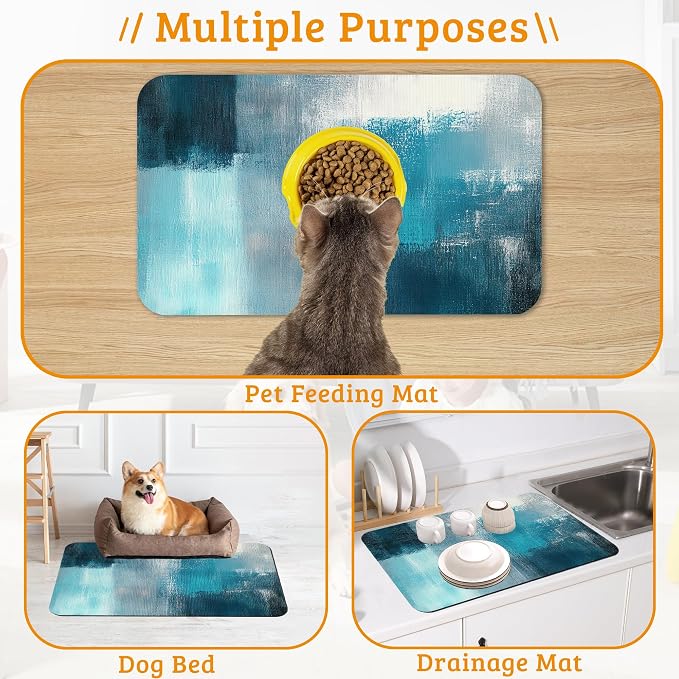Pet Feeding Mat, Art Painting Absorbent Dog Cat Food Mat Grey Blue Dog Mat - Image 7