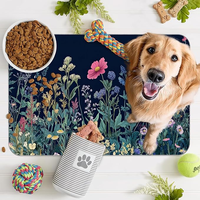 Wildflower Spring Floral Dog Cat Food Mat, Garden Flowers Absorbent Pet Feeding - Image 7