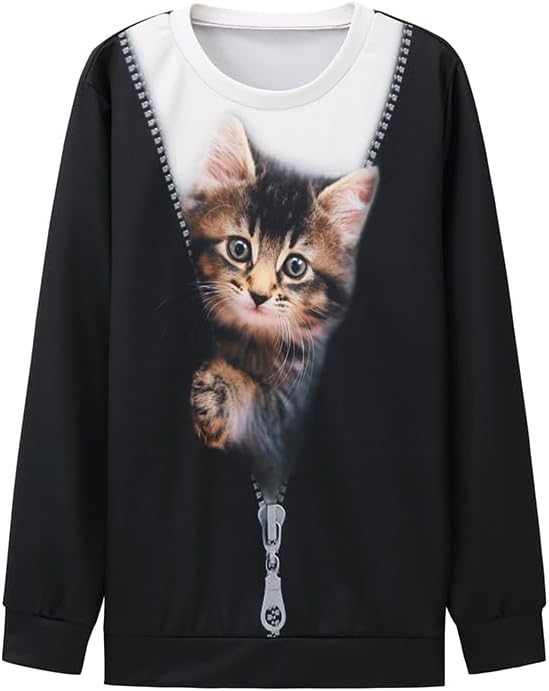 ShallWe Women's Active Sweatshirts Cute Cat Pullover Crewneck Lightweight - Image 3