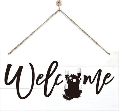 Welcome Sign for Front Door, Welcome Decor Wooden Hanging Sign for Cats Lover by corner+wind