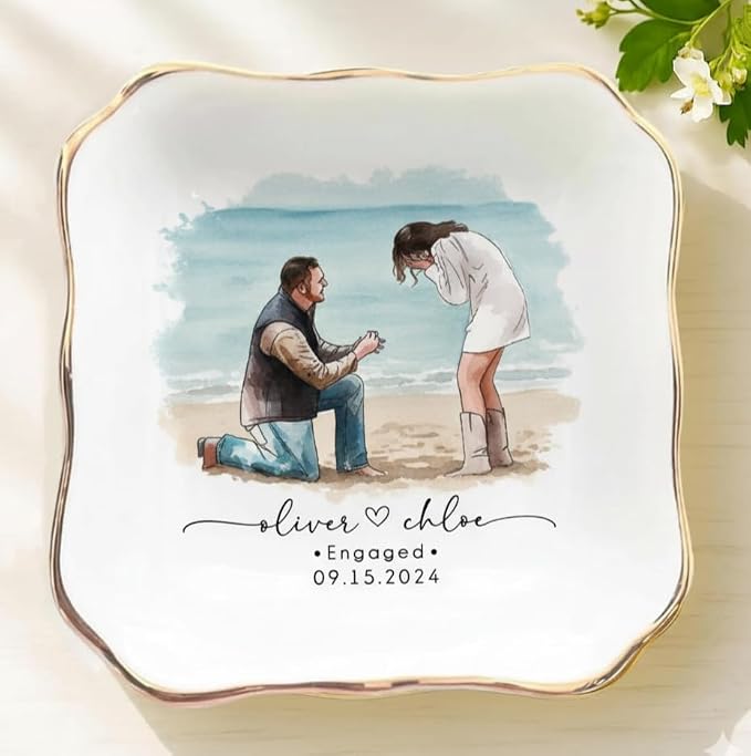 Personalized Couple Portrait Photo Ring Dish Engagement Gift, Ring Holder Dish by Anniversaree