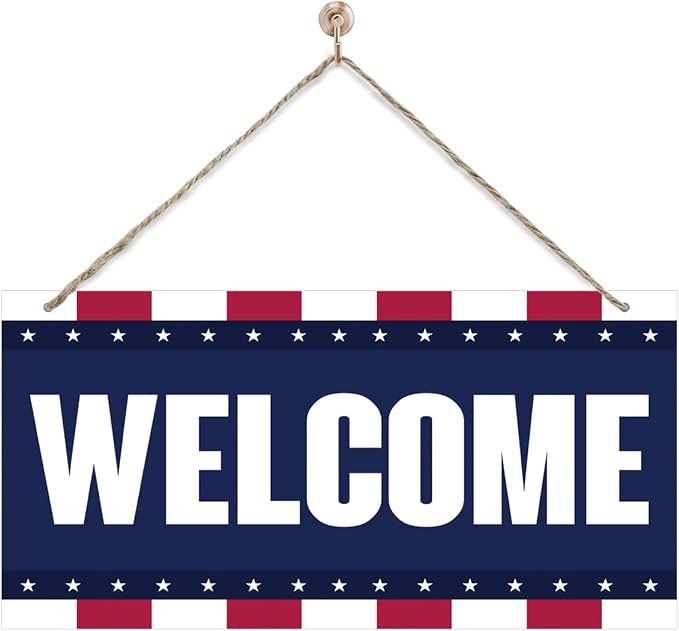 Welcome Sign for Front Door, Welcome Decor Wooden Hanging Sign, Patriotic by corner+wind