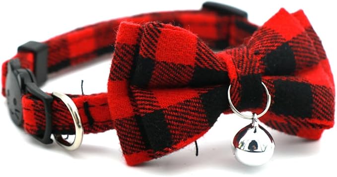 Red Plaid Cat Collar with Bell and Bow, Breakaway Kitten Collar with Bells - Image 7