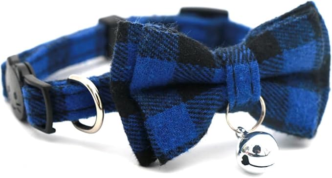 Blue Plaid Bow Dog Collar with Bell, Breakaway Cat Bell Collar with Bowtie - Image 6