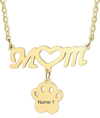 Personalized Cute Dog Cat Paw Name Necklace Forever Love Custom Heart Pendant by RESVIVI