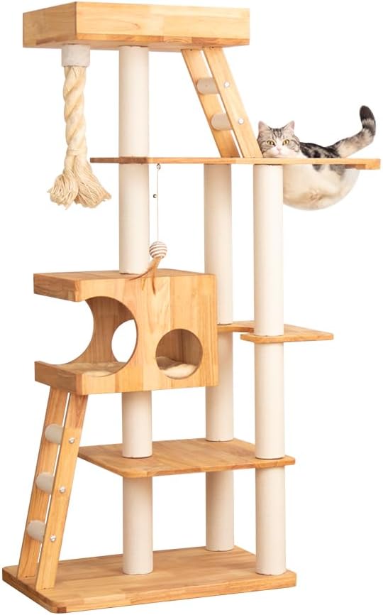 Wood Cat Tree for Large Cats, 62-Inch Tall Modern Cat Tower by PETTIFULCATTREE