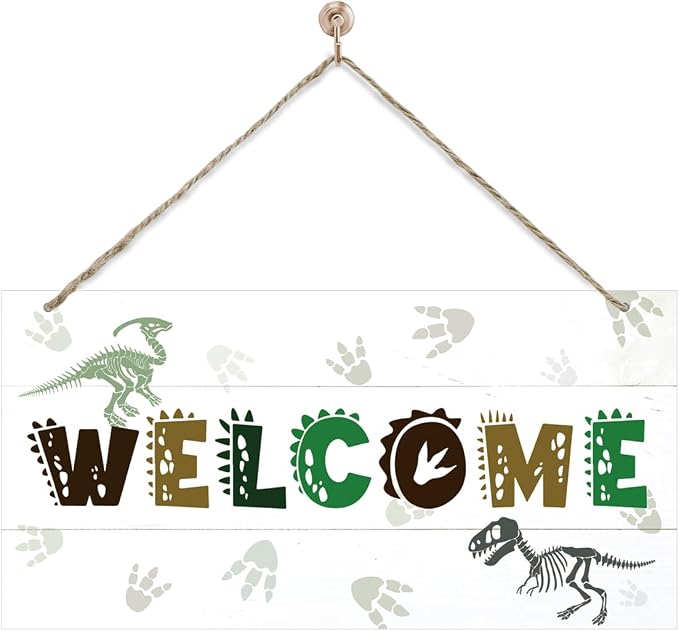 Welcome Sign for Front Door, Playroom Wall Decor, Dinosaur Theme Wall Hanging by corner+wind