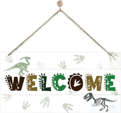 Welcome Sign for Front Door, Playroom Wall Decor, Dinosaur Theme Wall Hanging by corner+wind