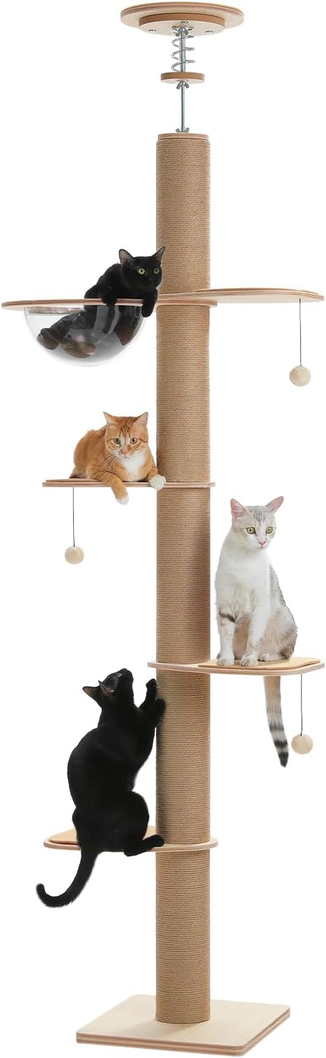 PETEPELA Floor to Ceiling Cat Tree, Adjustable Height Solid Wooden Tall Cat by PETEPELA