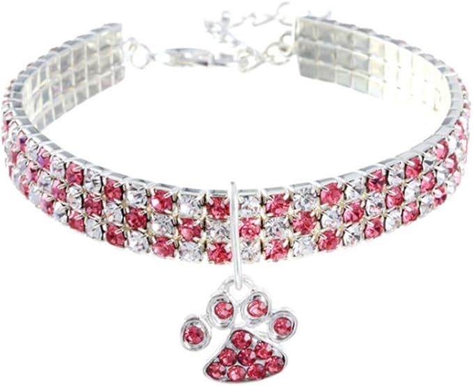 Pet Collar with Diamonds, Adjustable Crystal Diamond Elastic Heart Claw Pendant by RayMinsino