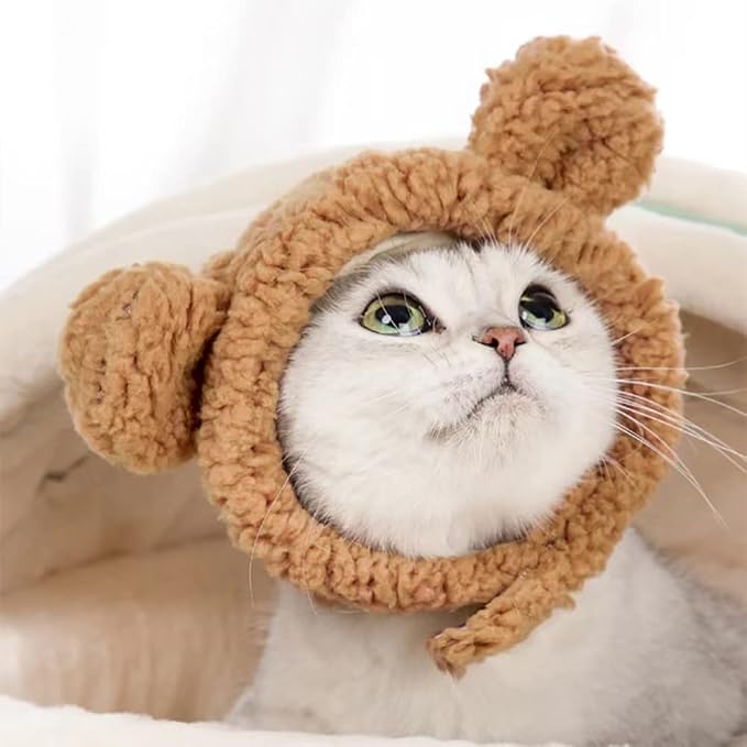 JOICEE Cute Cat Costume Warm Bear Hat Adjustable Soft Small Pet Headwear - Image 3