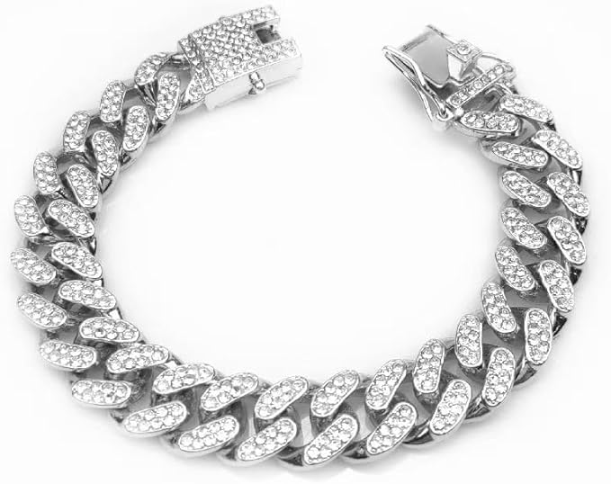 Dog Collar Design Cuban Link Silver Secure Buckle Dog Chain Crystal Necklace by Unknown