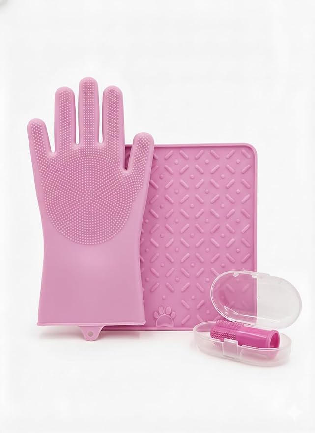 3-in-1 Stress-Free Dog Bathing Kit – Silicone Grooming Gloves, Suction Lick Mat by Unknown