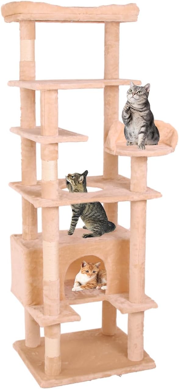71'' Velvet Cat Climbing Frame, Large Top Padded Perch and Playhouse, - Image 6