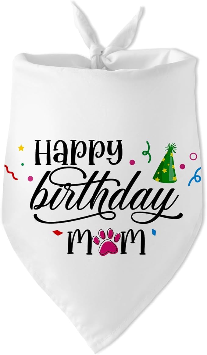 Happy Birthday Mom White Dog Bandana Pet Scarf Accessories Funny Cute Puppy by Wlesinzt