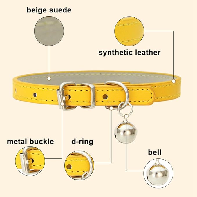Brown XS Dog Collar with Bell, Soft Pu Leather Cat Collars Adjustable Buckle - Image 4