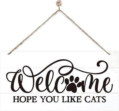 Welcome Sign for Front Door, Welcome Decor Wooden Hanging Sign for Cats Lover by corner+wind
