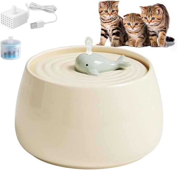 Ceramic Cat Water Fountain, 45oz/1.3L Ultra-Silent Automatic Pet Drinking Water by HMRCYTE