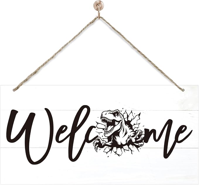 Welcome Sign for Front Door, Welcome Decor Wooden Hanging Sign, Tyrannosaurus by corner+wind