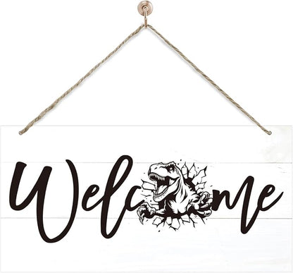 Welcome Sign for Front Door, Welcome Decor Wooden Hanging Sign, Tyrannosaurus by corner+wind