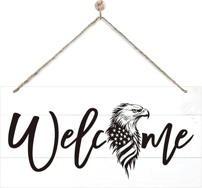 Welcome Sign for Front Door, Welcome Decor Wooden Hanging Sign, Patriotic Theme by corner+wind