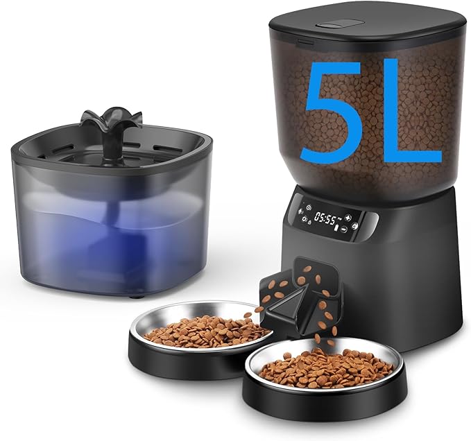 Automatic Cat Feeder and Water Dispenser Set, 5L/20 Cups Timed Cat Dry Food by CORGOTE