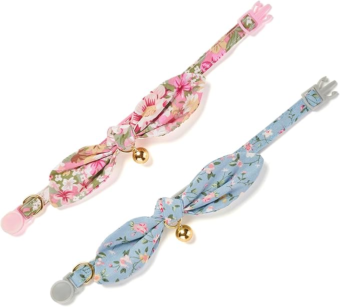 Cotton Bowtie Cat Collar with Bell 2 Pack Stylish Floral Breakaway Kitten - Image 4