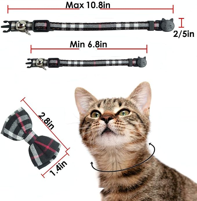 Cat Collar Breakaway with Bell and Bow Tie, Plaid Design Adjustable Safety - Image 7