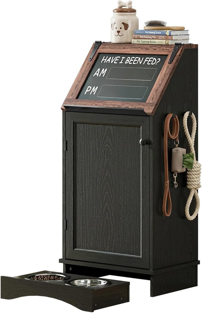 Dog Food Feeding Station with Storage, Pet Food Storage Cabinet with Bowls and by Furnvvio