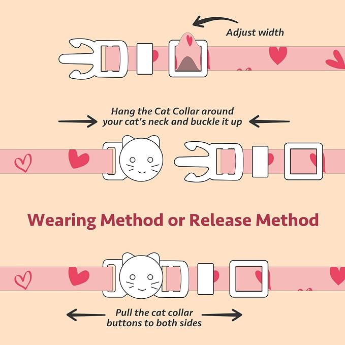 2 Pack Cotton Breakaway Cat Collar Pink and Gray Heart Shaped Pendant Cute - Image 7