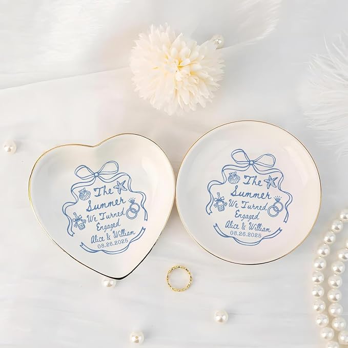 Personalized Ring Dish Engagement Gift, Whimsical Doodle Engaged Ring Holder - Image 5