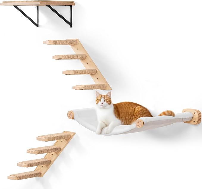Cat Wall Shelves with 1 Floating Fabric Hammock, 2 Ladders with 4 Steps Each & by PELUOMOZ