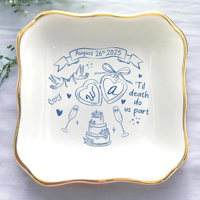 Personalized Ring Dish Engagement Gift, Engaged Ring Holder, Custom Wedding by Anniversaree