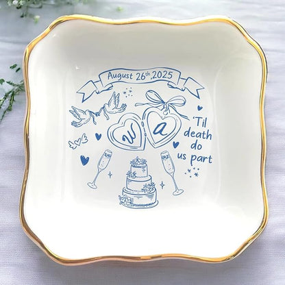 Personalized Ring Dish Engagement Gift, Engaged Ring Holder, Custom Wedding by Anniversaree