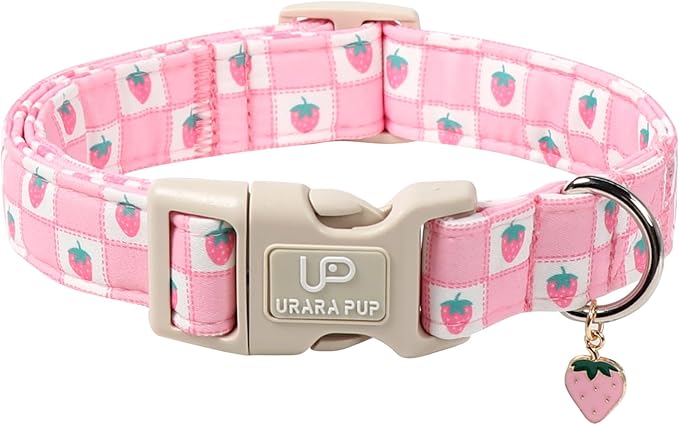 Spring Dog Collar, UP URARA PUP Strawberry Collars in Pink Checkered Adjustable by UPURARAPUP