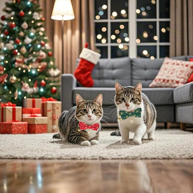 Christmas Cat Collar 2 Pack Cotton Bowtie Cat Collars Glittery Snowflakes Cute - Image 6
