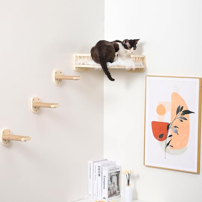 Cat Wall Shelves with 3 Steps Scratch Post, Climbing Shelf and Hammock - Image 2
