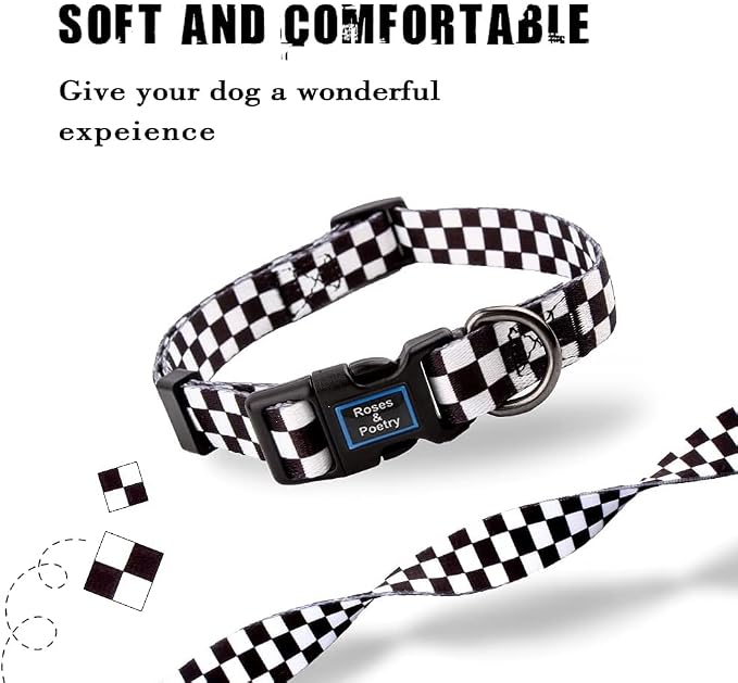Roses&Poetry Dog Collar with Colourful Checkered Patterns, Adjustable Durable - Image 2