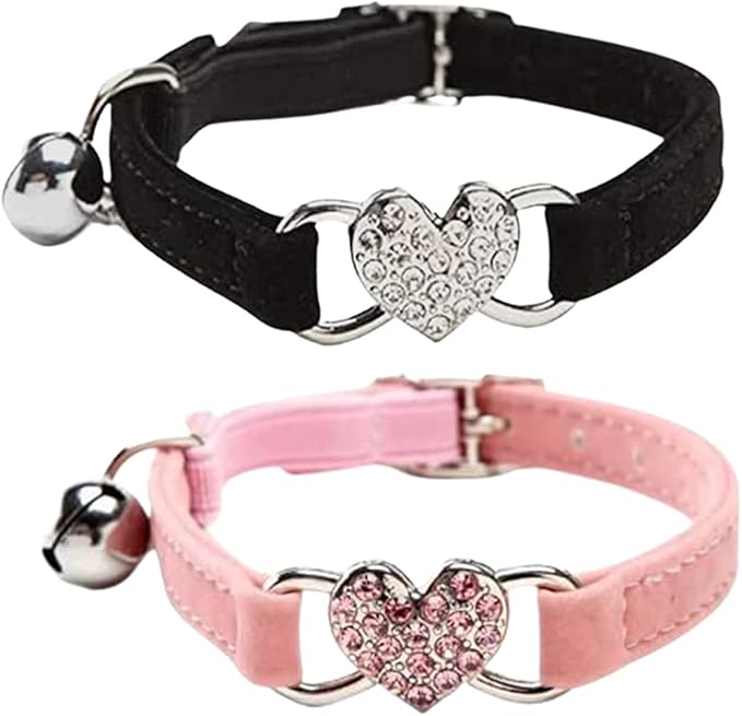 Heart Bling Cat Collar with Safety Belt and Bell Adjustable 8-10 inches by WDPAWS