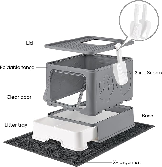 Cat Litter Box with X-Large Litter Mat and Scoop, Large Covered Litter Box with - Image 4