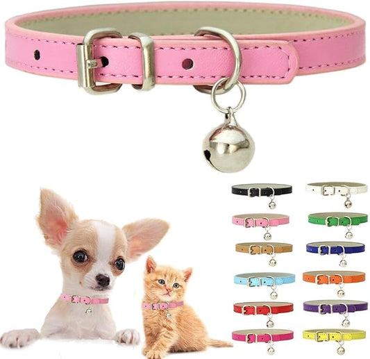 Pink XS Dog Collar with Bell, Soft Pu Leather Cat Collars Adjustable Buckle by Weimostar