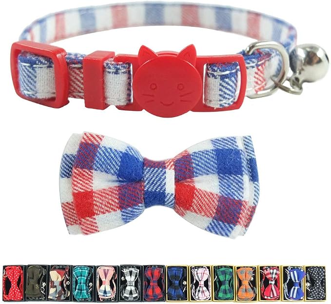 Cat Collar Breakaway with Bell and Bow Tie, Plaid Design Adjustable Safety by Ximipet