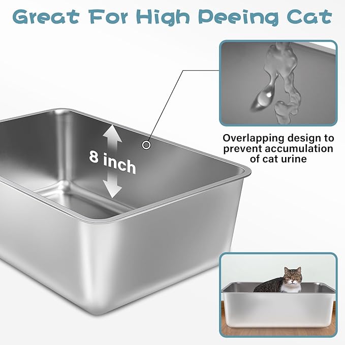 Stainless Steel Cat Litter Box, 23.6"x15.8"x8" XXL Stainless Steel Litter Box 8 - Image 2
