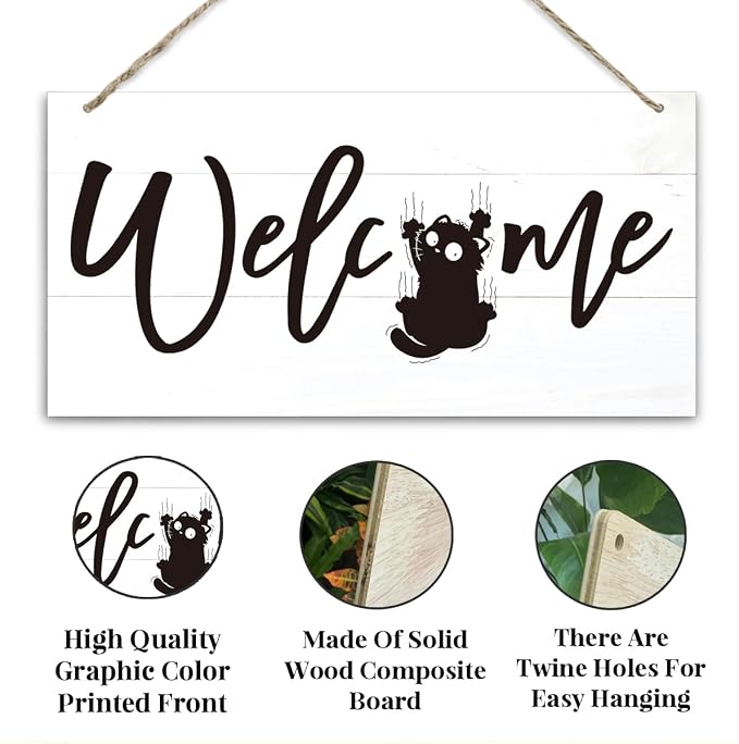 Welcome Sign for Front Door, Welcome Decor Wooden Hanging Sign for Cats Lover - Image 3