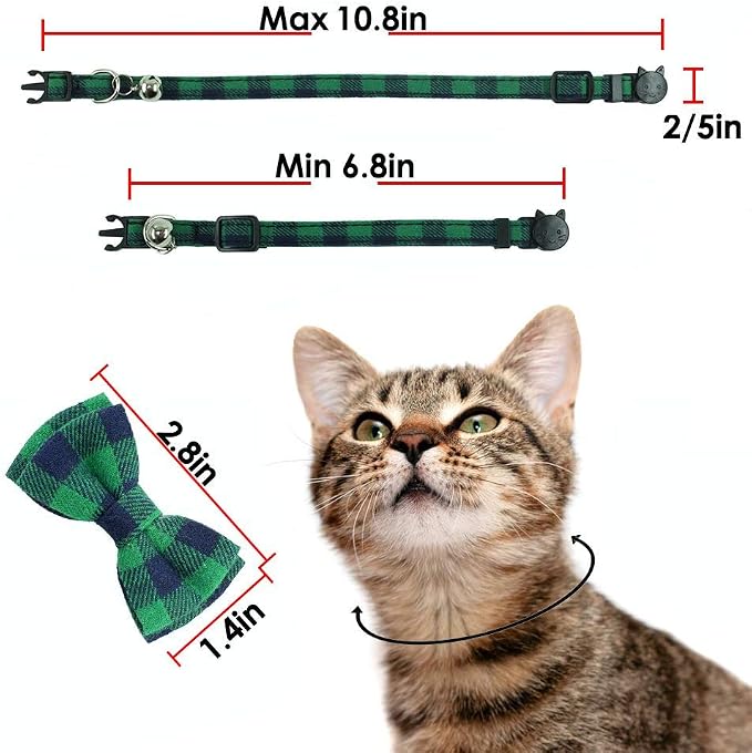 Cat Collar Breakaway with Bell and Bow Tie, Plaid Design Adjustable Safety - Image 7