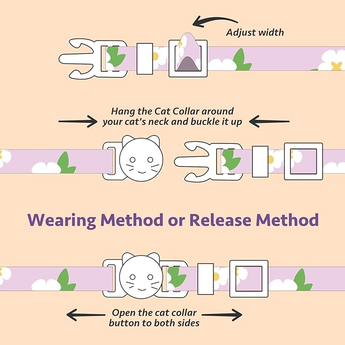 2 Pack Cotton Breakaway Cat Collar Purple and Pink Flowers Pendant Cute Kitten - Image 7