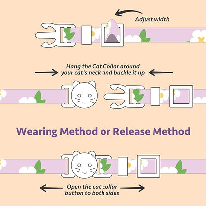 2 Pack Cotton Breakaway Cat Collar Purple and Pink Flowers Pendant Cute Kitten - Image 7