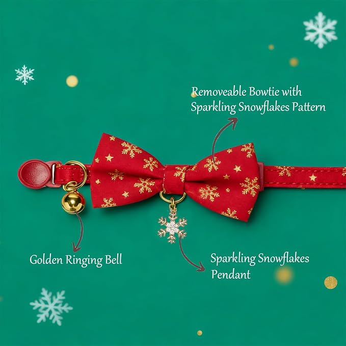 Christmas Cat Collar 2 Pack Cotton Bowtie Cat Collars Glittery Snowflakes Cute - Image 3