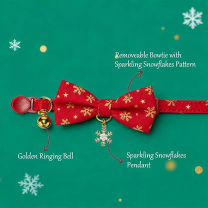 Christmas Cat Collar 2 Pack Cotton Bowtie Cat Collars Glittery Snowflakes Cute - Image 3