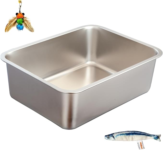 Stainless Steel Cat Litter Box Set, Includes Catnip Fish Toy & Wand Feather Toy by miwooim